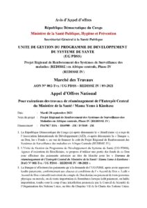 Appel d'offres National pour Exécutions des Travaux de Réaménagement de l'Entrepôt Central du Ministère de la Santé / Mama Yemo à Kinshasa