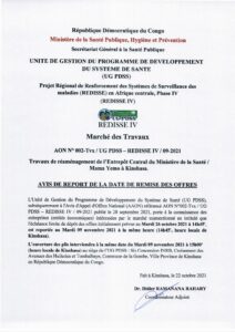 Avis de report de la date de remise des offres : Travaux de réaménagement de l'Entrepôt Central du Ministère de la Santé / Mama Yemo à Kinshasa