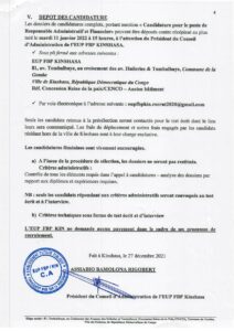 Avis de Recrutement d'un(e) Responsable Administratif et Financier de l'EUP FBP KIN
