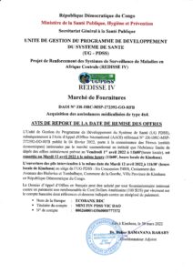 Avis de report de la date de Remise des offres n°ZR-DRC-MSP-272392-GO-RFB pour Acquisition des Ambulances Médicalisées de type 4x4