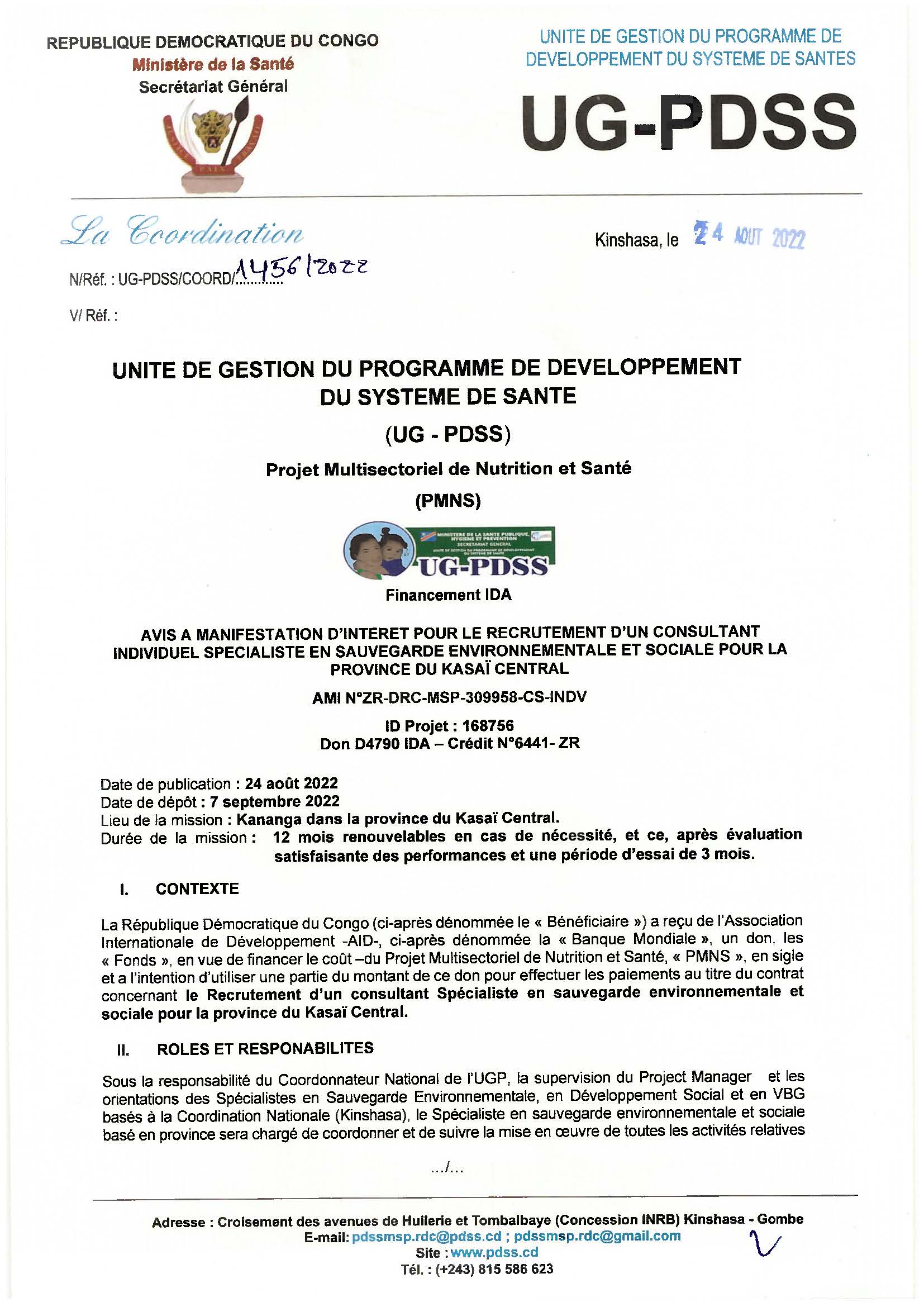 Avis à Manifestation d'intérêt pour le recrutement d'un Consultant individuel Spécialiste en sauvegarde Environnementale et Sociale pour la province du Kasaï Central