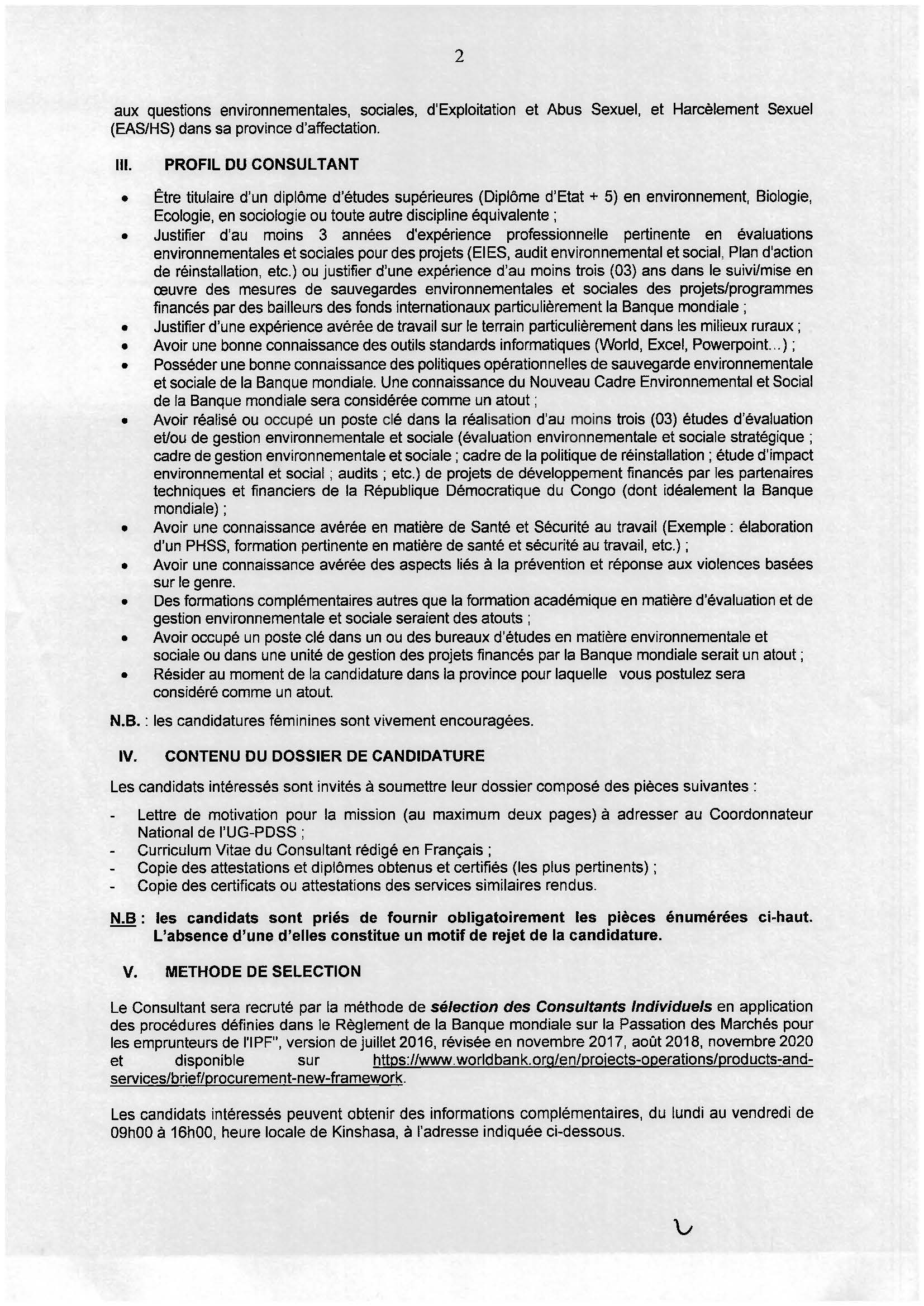 Avis à Manifestation d'intérêt pour le recrutement d'un Consultant individuel Spécialiste en sauvegarde Environnementale et Sociale pour la province du Kasaï Central