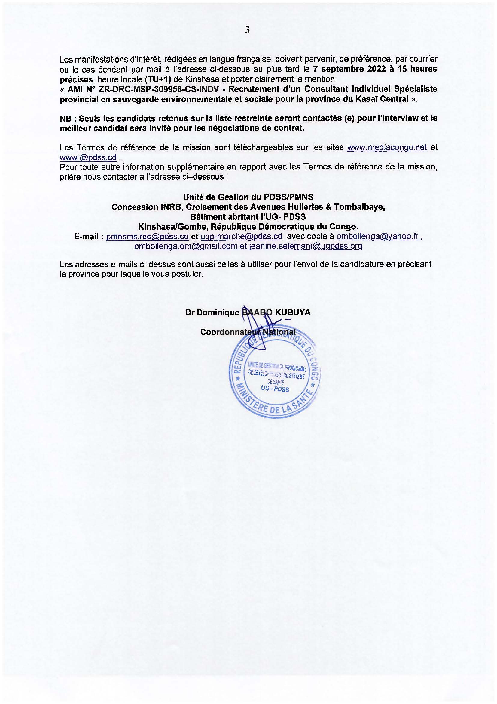 Avis à Manifestation d'intérêt pour le recrutement d'un Consultant individuel Spécialiste en sauvegarde Environnementale et Sociale pour la province du Kasaï Central