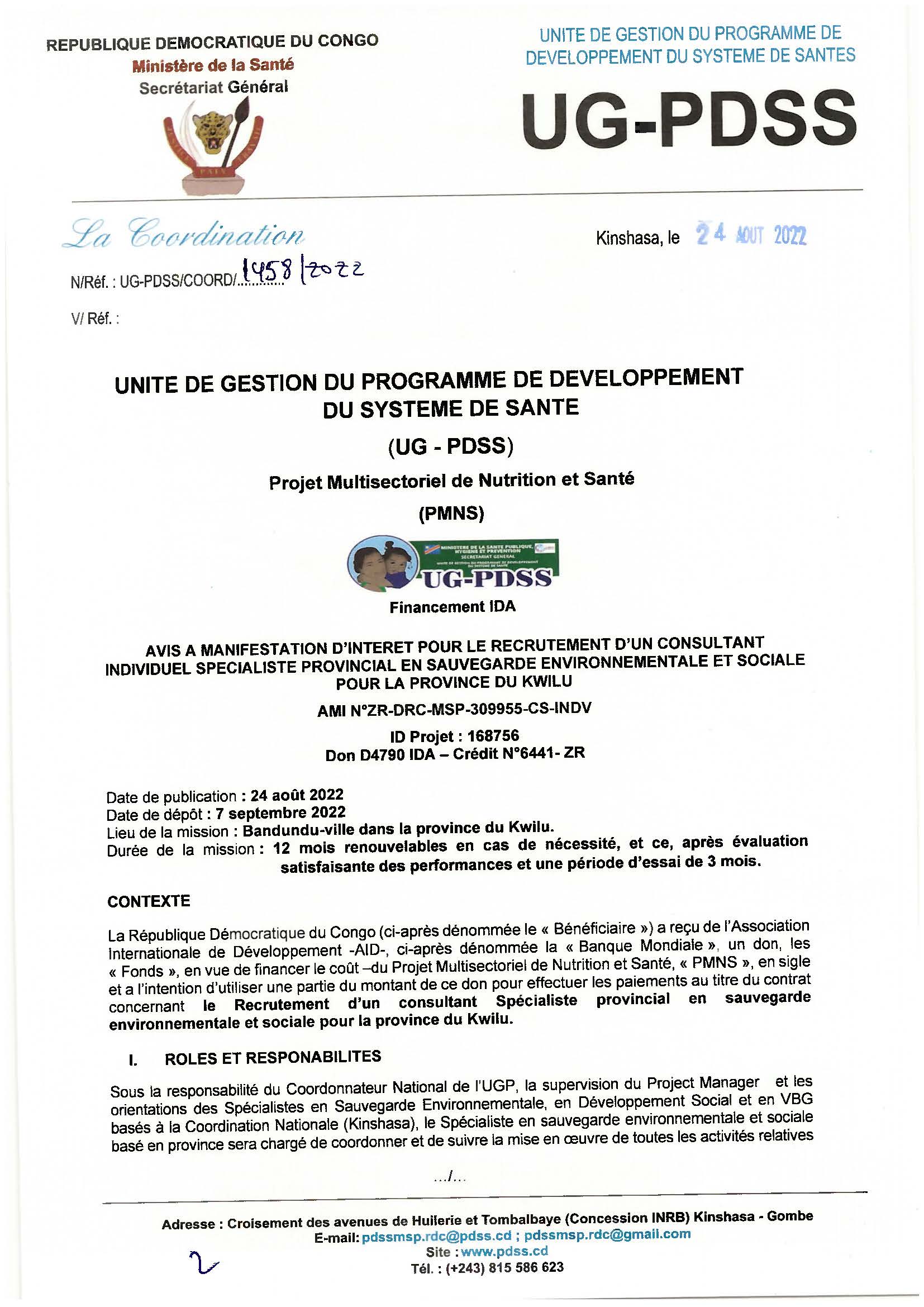 Avis à Manifestation d'intérêt pour le recrutement d'un Consultant individuel Spécialiste en sauvegarde Environnementale et Sociale pour la province du Kwilu