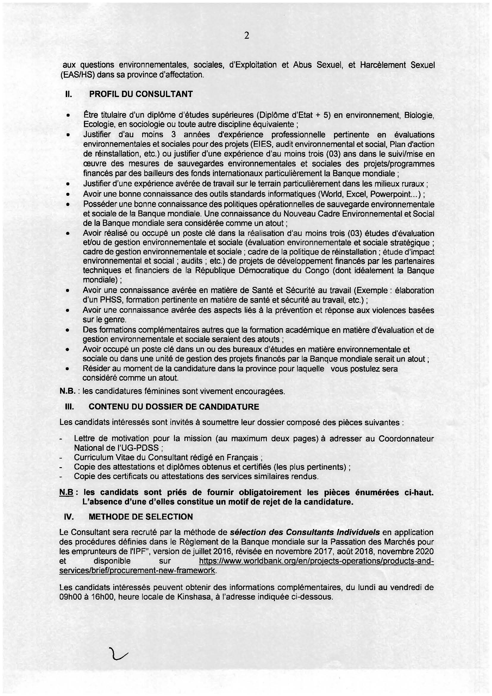 Avis à Manifestation d'intérêt pour le recrutement d'un Consultant individuel Spécialiste en sauvegarde Environnementale et Sociale pour la province du Kwilu