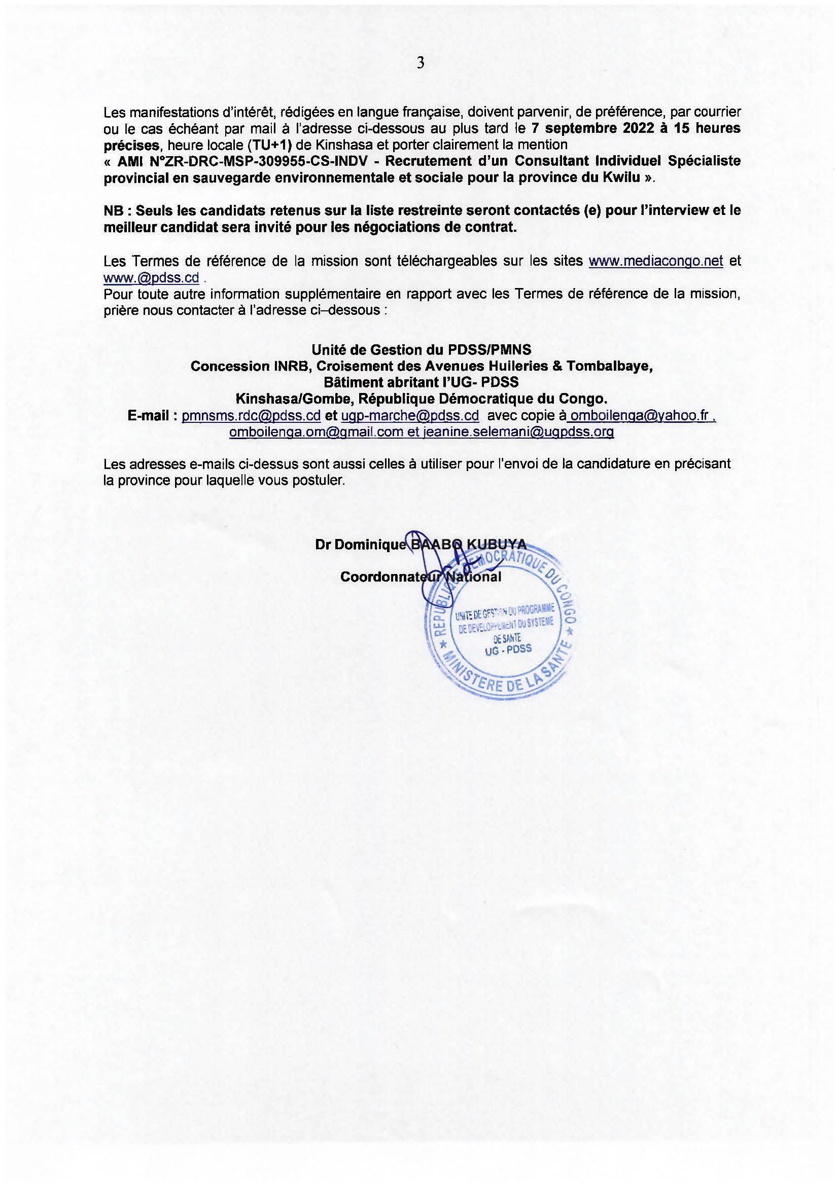 Avis à Manifestation d'intérêt pour le recrutement d'un Consultant individuel Spécialiste en sauvegarde Environnementale et Sociale pour la province du Kwilu