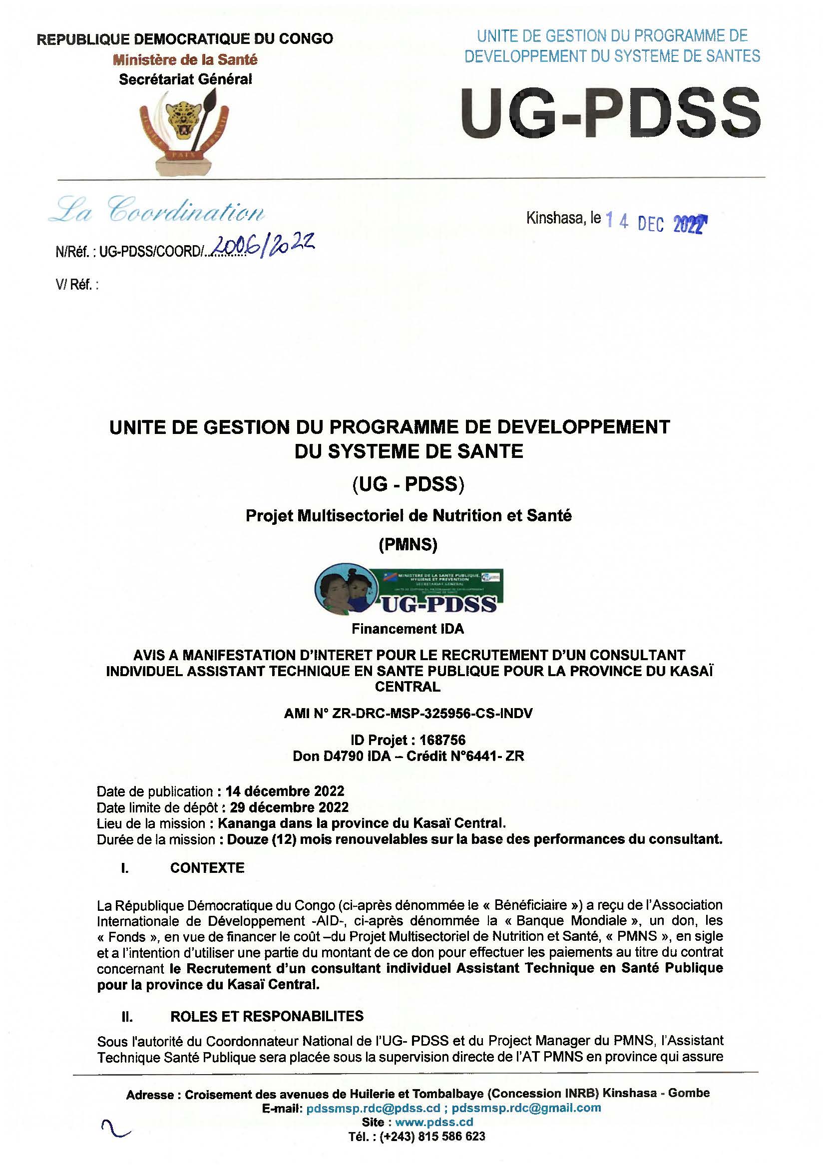 Avis à Manifestation d'Intérêt pour le Recrutement d'un Consultant Individuel Assistant technique en santé publique pour la Province du Kasaï central