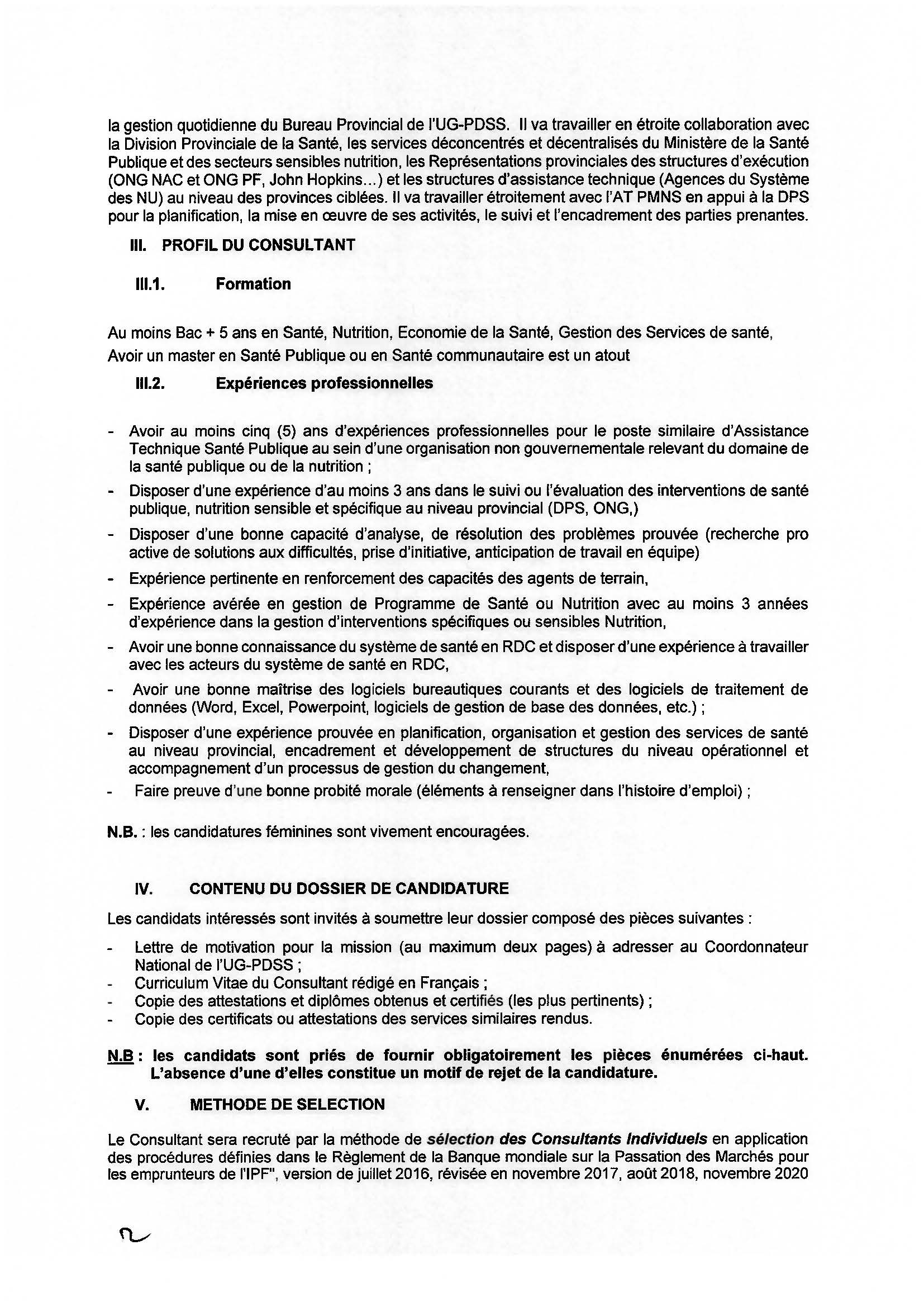 Avis à Manifestation d'Intérêt pour le Recrutement d'un Consultant Individuel Assistant technique en santé publique pour la Province du Kasaï central