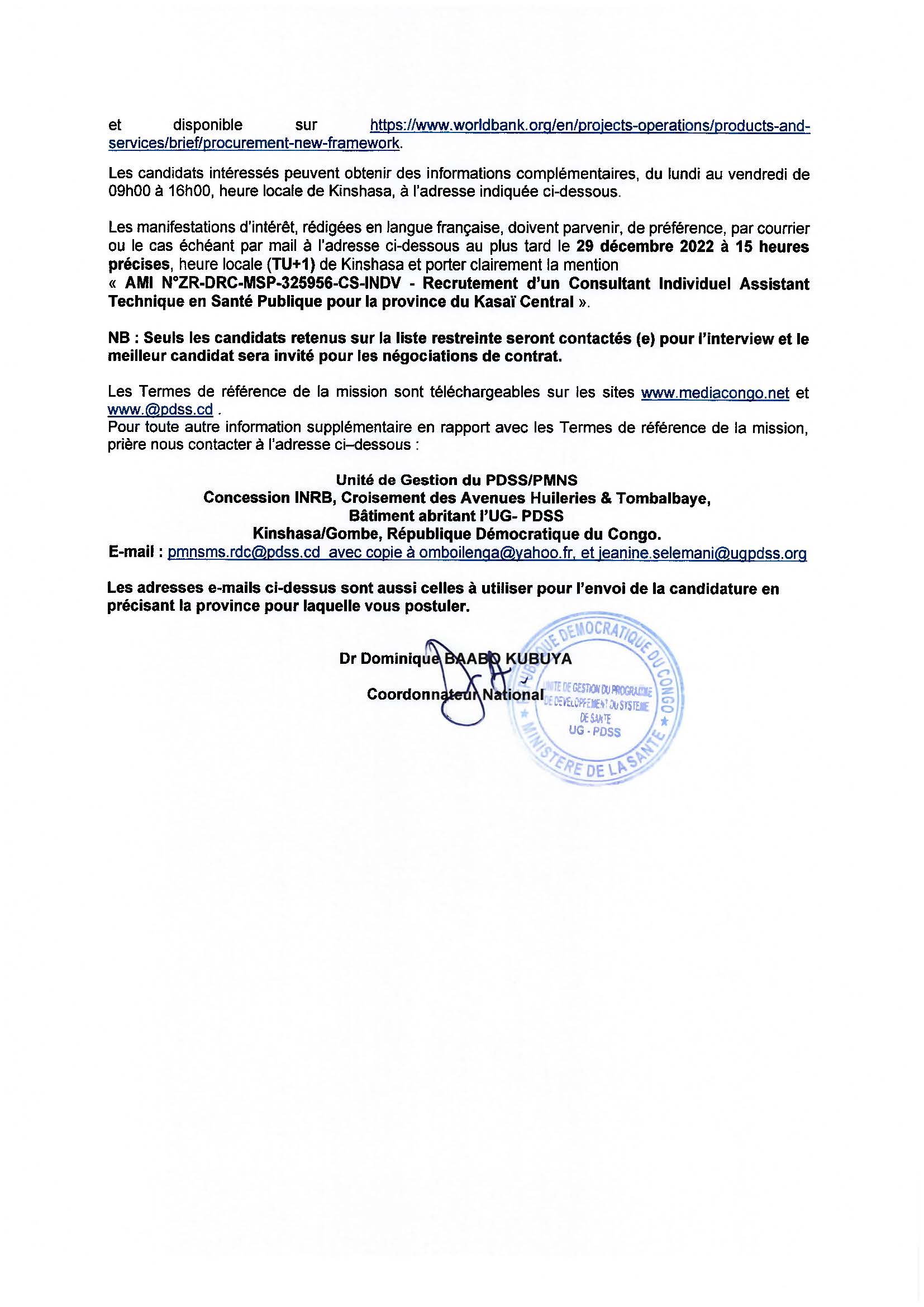 Avis à Manifestation d'Intérêt pour le Recrutement d'un Consultant Individuel Assistant technique en santé publique pour la Province du Kasaï central