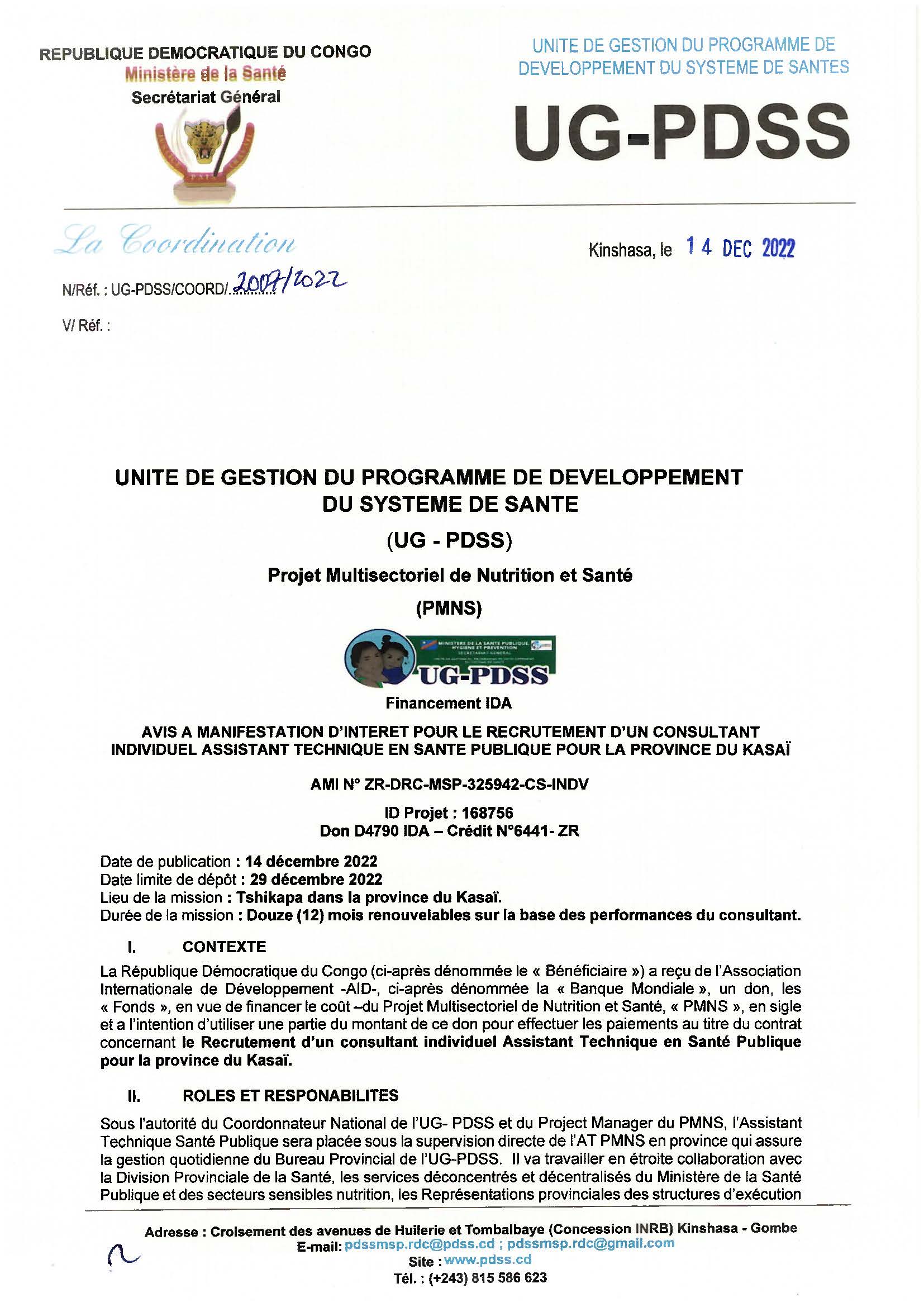 Avis à Manifestation d'Intérêt pour le Recrutement d'un Consultant Individuel Assistant technique en santé publique pour la Province du Kasaï