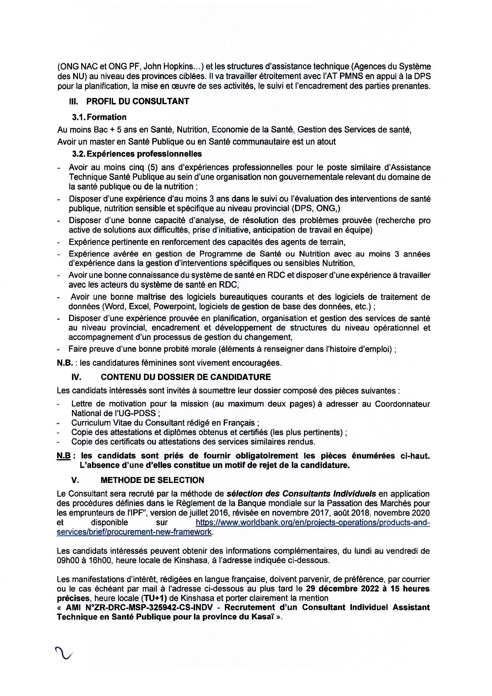 Avis à Manifestation d'Intérêt pour le Recrutement d'un Consultant Individuel Assistant technique en santé publique pour la Province du Kasaï
