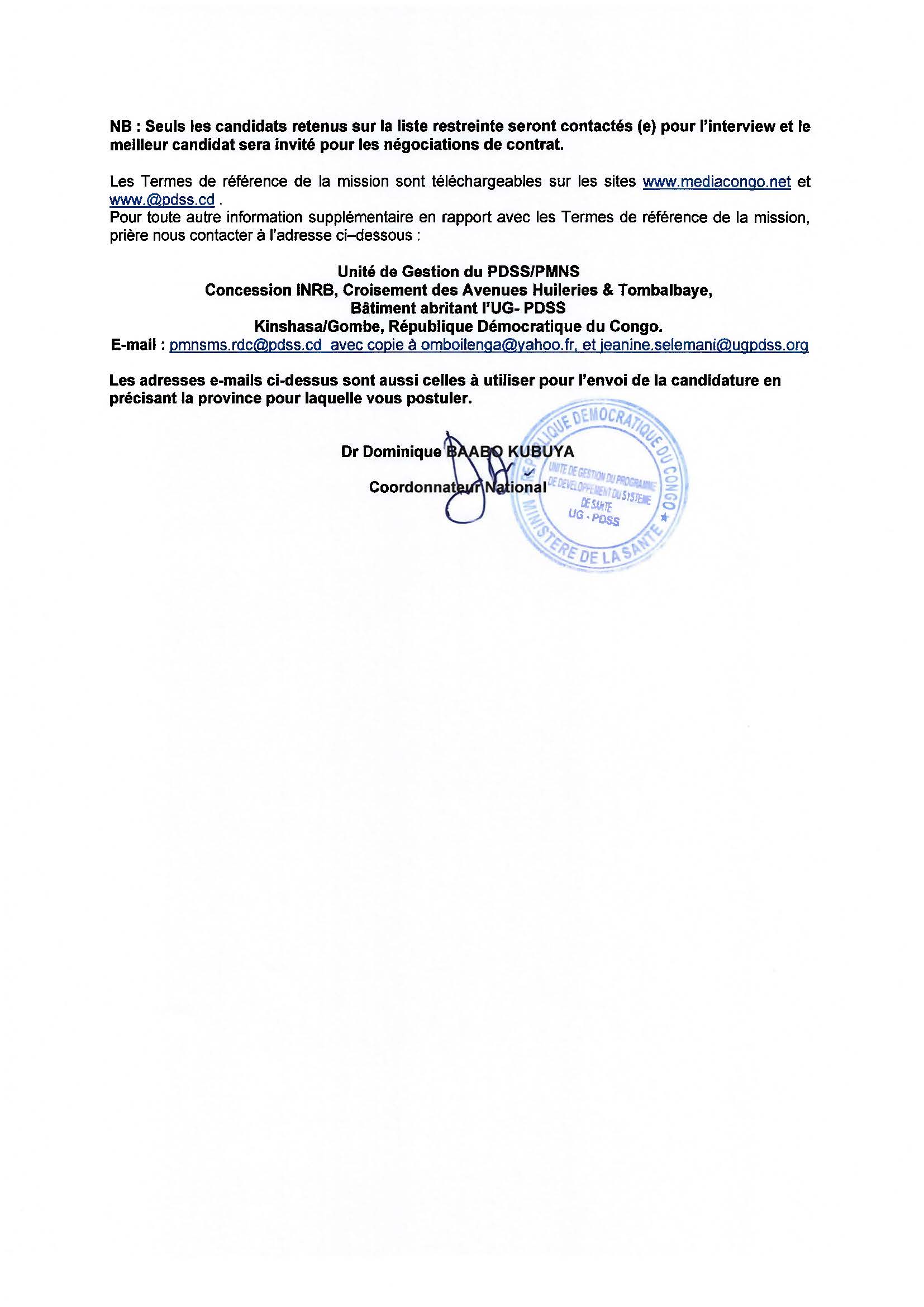 Avis à Manifestation d'Intérêt pour le Recrutement d'un Consultant Individuel Assistant technique en santé publique pour la Province du Kasaï