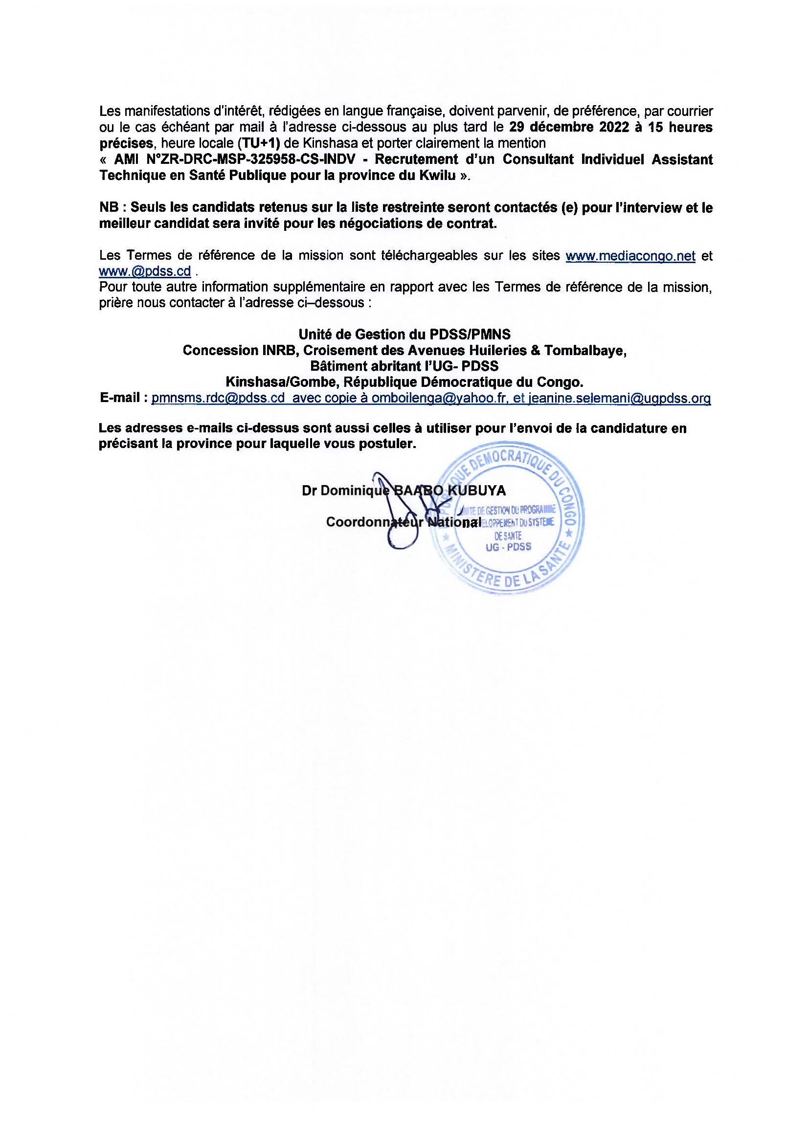 Avis à Manifestation d'Intérêt pour le Recrutement d'un Consultant Individuel Assistant technique en santé publique pour la Province du Kwilu