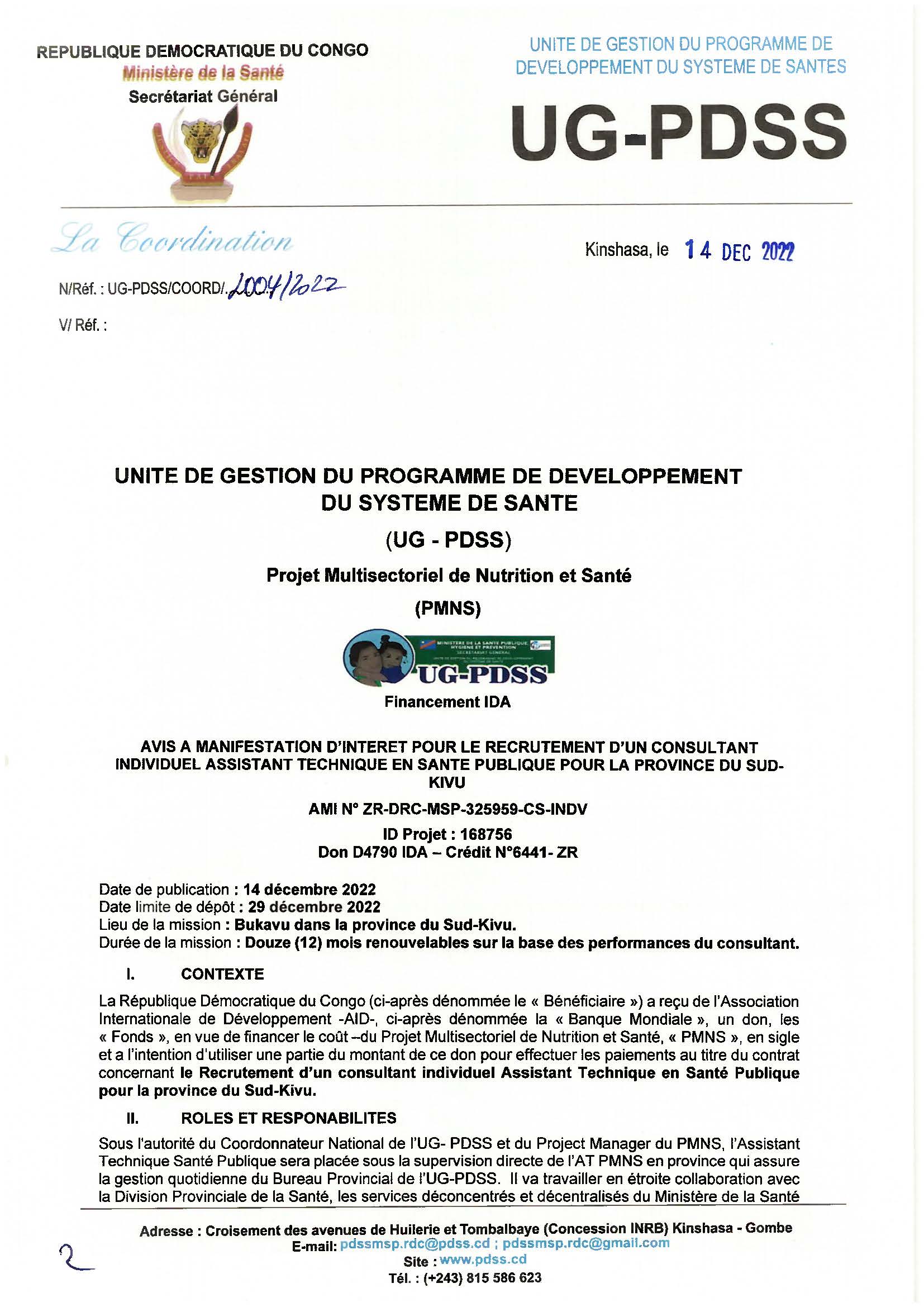 Avis à Manifestation d'Intérêt pour le Recrutement d'un Consultant Individuel Assistant technique en santé publique pour la Province du Sud-Kivu
