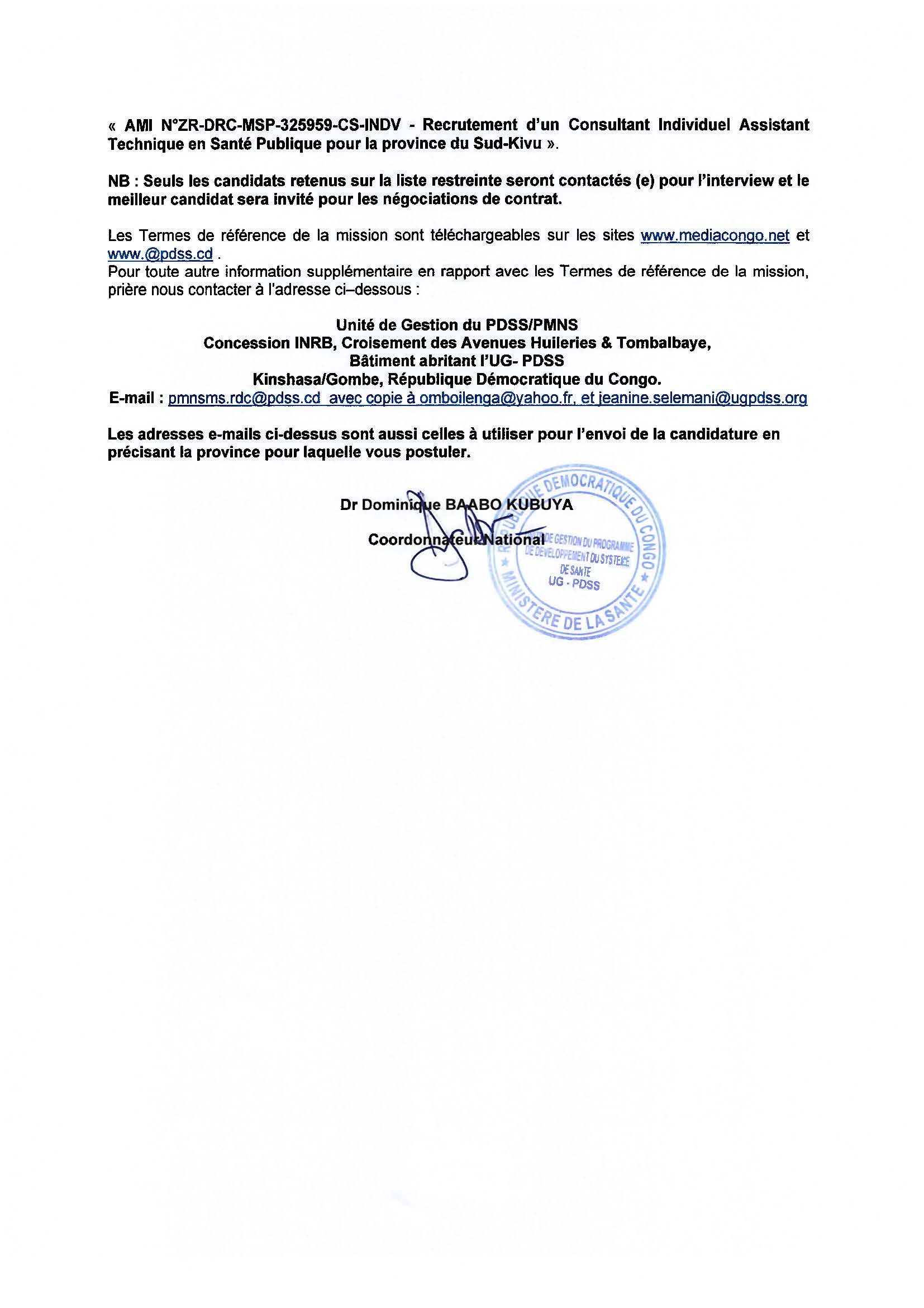Avis à Manifestation d'Intérêt pour le Recrutement d'un Consultant Individuel Assistant technique en santé publique pour la Province du Sud-Kivu