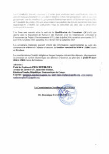 Recrutement d’un Consultant/firme chargé de l’élaboration des états de lieux, études techniques et études environnementales ainsi que du contrôle et surveillance des travaux de réhabilitation des labos des cinq (5) HGR de provinces du Kasaï Oriental