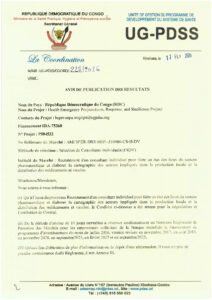 Avis de publication des résultats du Marché Nº ZR-DRC-MSP-510980-CS-INDV : Recrutement d'un consultant individuel pour faire les états de lieux du secteur pharmaceutique et élaborer la cartographie des acteurs impliqués dans la production locale et la distribution des médicaments et vaccins