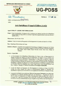 Acquisition des équipements biomédicaux et banques de sang pour les Centres provinciaux de transfusion sanguine (CPTS et CTS) dans 9 provinces : Équateur, Ituri, Kasaï, Kasaï Central, Kasaï Oriental, Kwilu, Nord-Kivu, Tshopo et Tshuapa