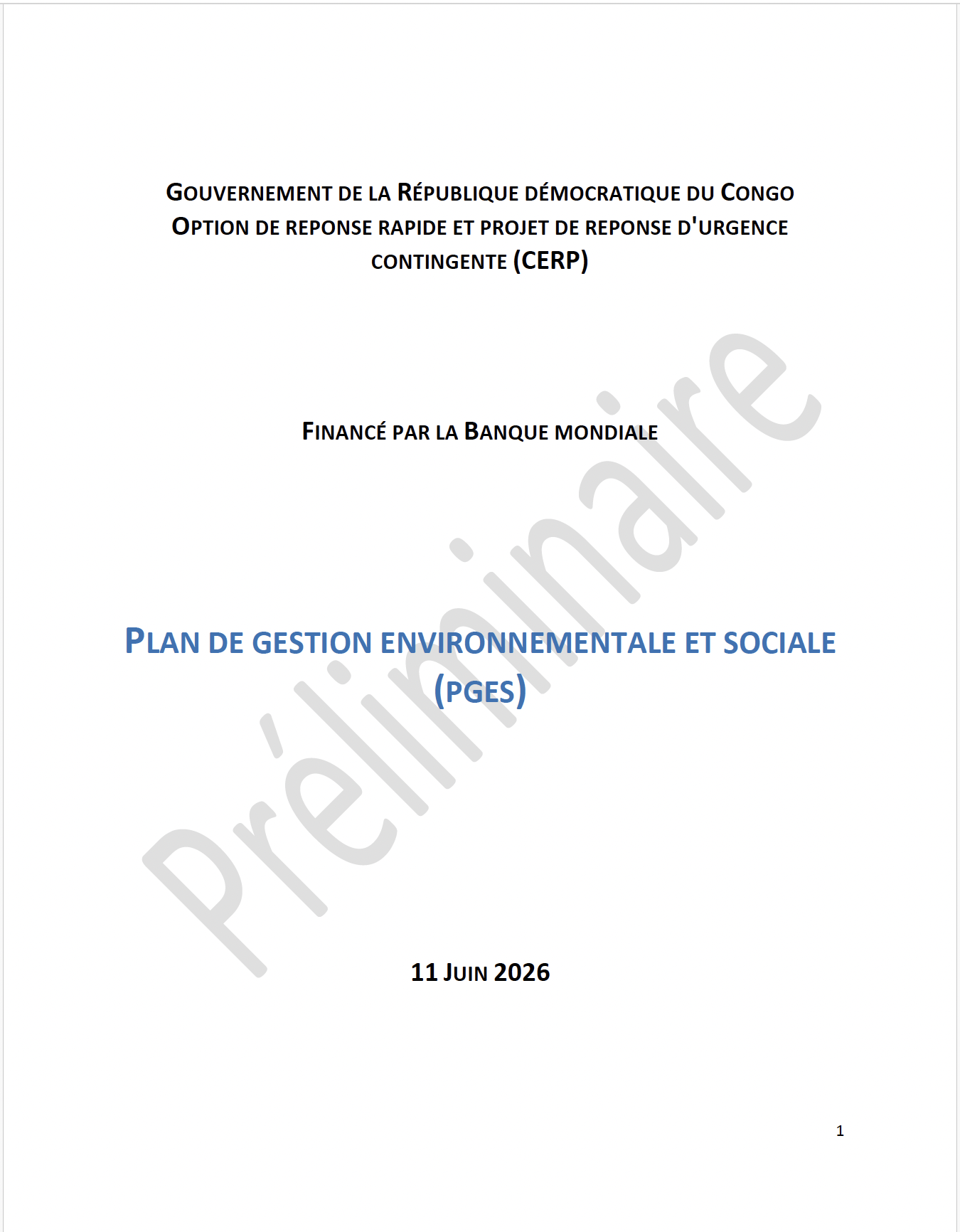 Plan de Gestion Environnementale et Sociale (PGES) - CERP RDC